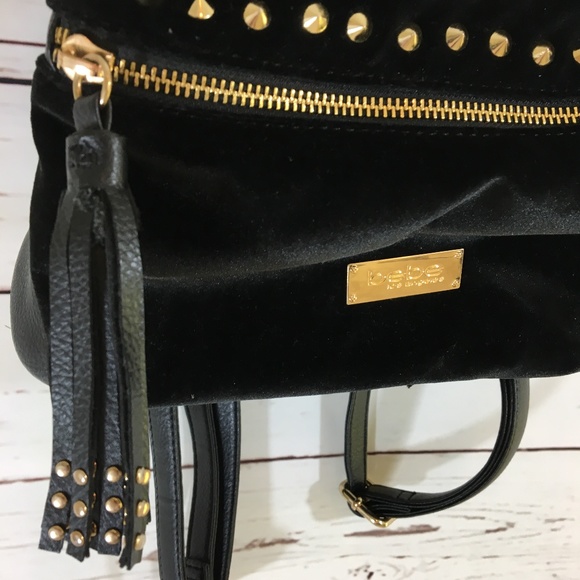 SOLD - Bebe Black Velour & Gold Stud Backpack - Picture 4 of 8